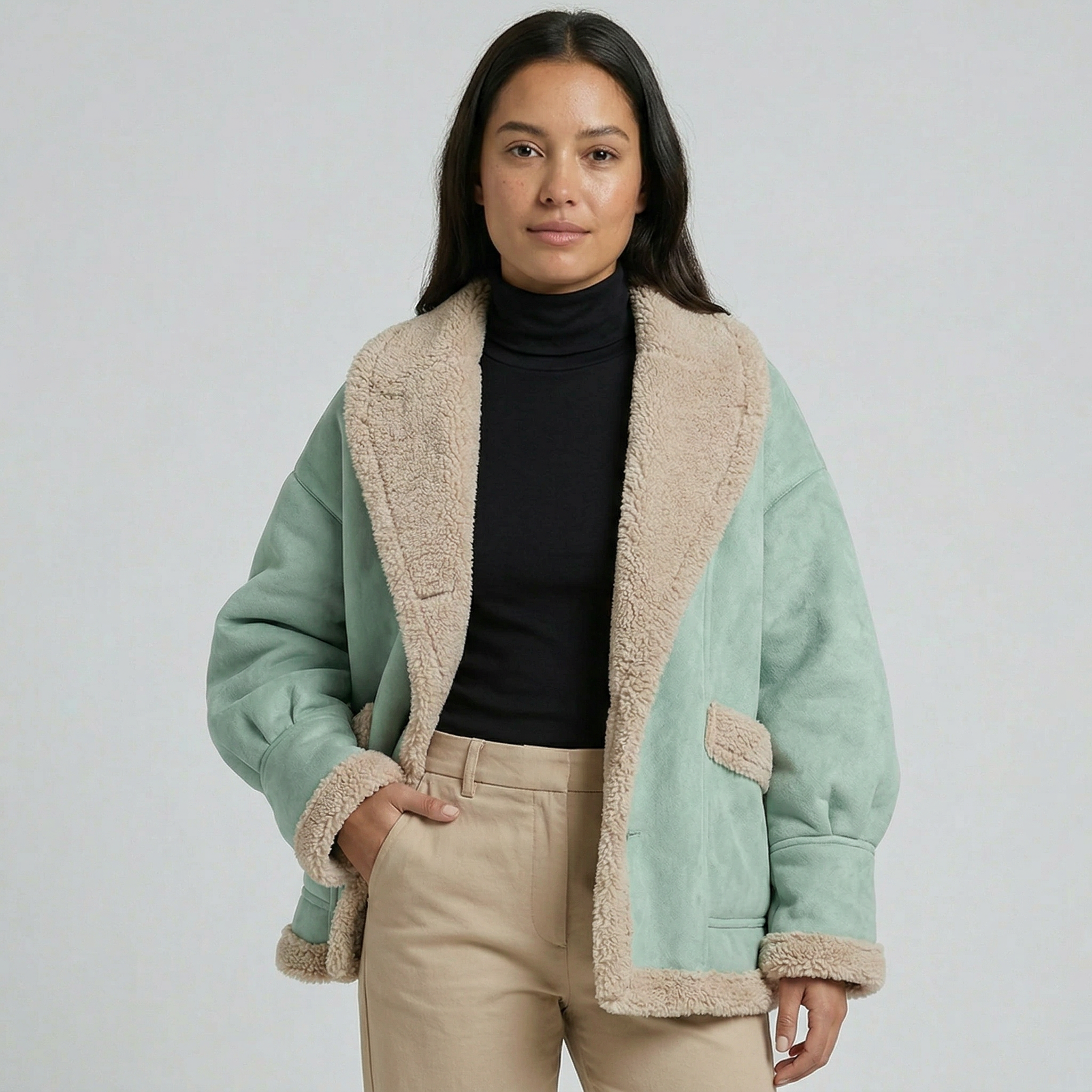 Women’s Fleece-Lined Faux Suede Jacket - Oversized Shearling Trim Fit