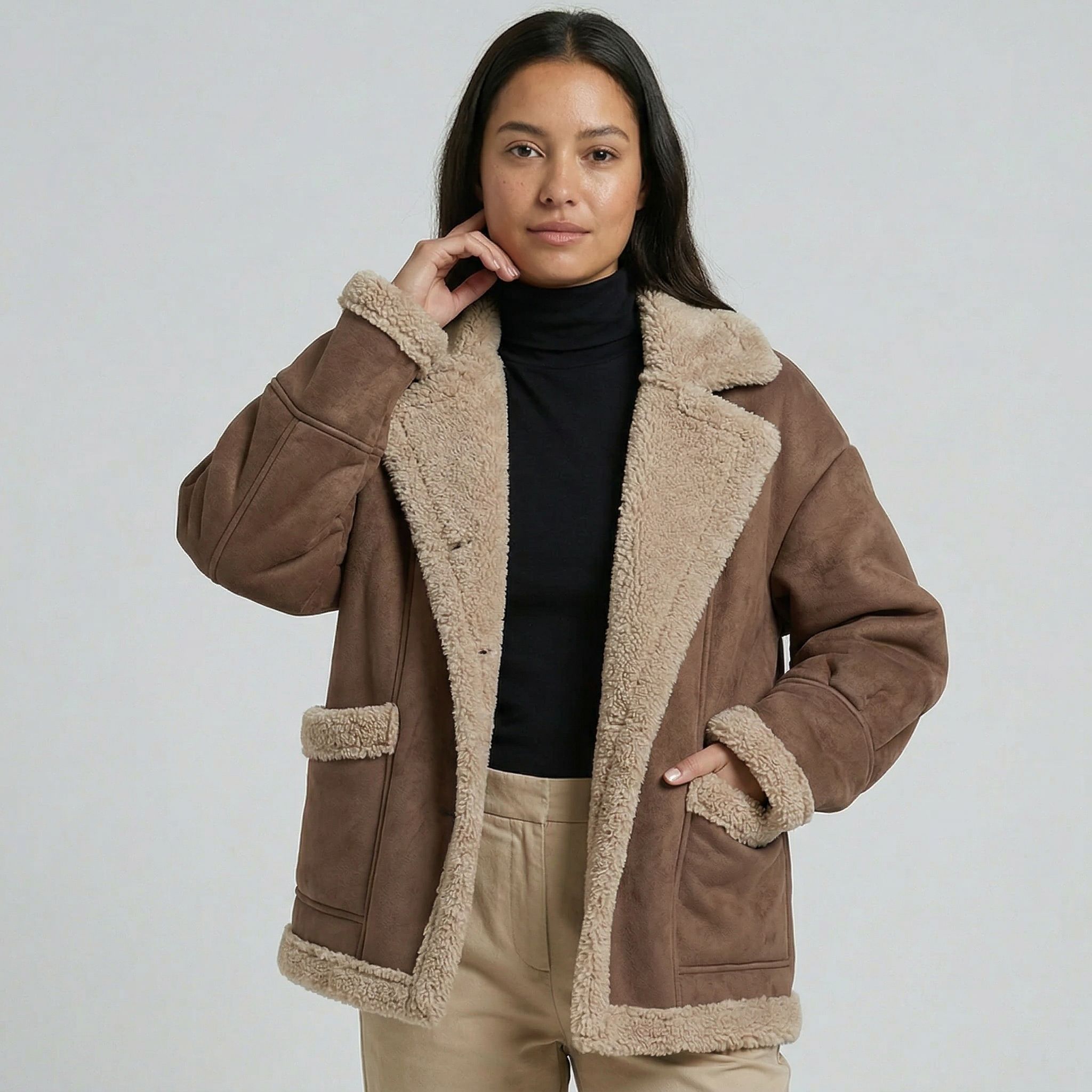Women’s Fleece-Lined Faux Suede Jacket - Oversized Shearling Trim Fit