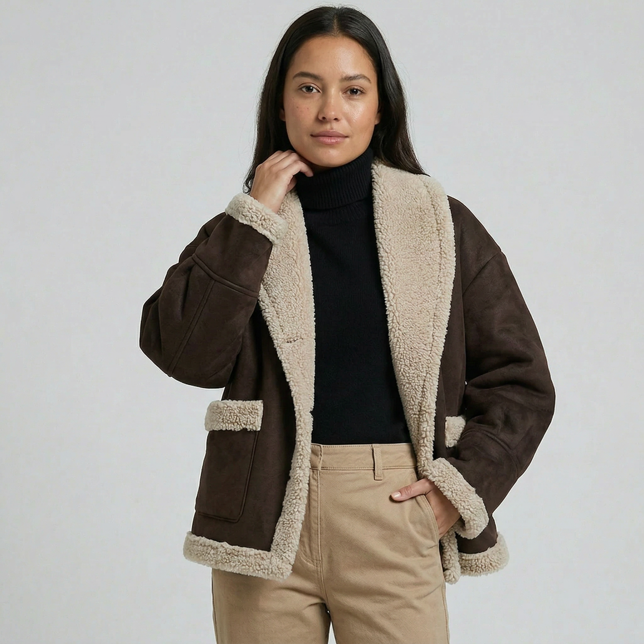 Women’s Fleece-Lined Faux Suede Jacket - Oversized Shearling Trim Fit