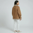 Women’s Fleece-Lined Faux Suede Jacket - Oversized Shearling Trim Fit