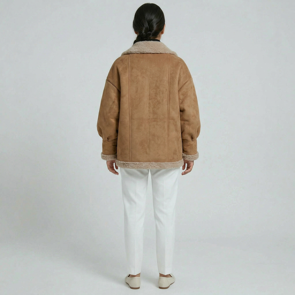 Women’s Fleece-Lined Faux Suede Jacket - Oversized Shearling Trim Fit