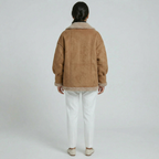 Women’s Fleece-Lined Faux Suede Jacket - Oversized Shearling Trim Fit