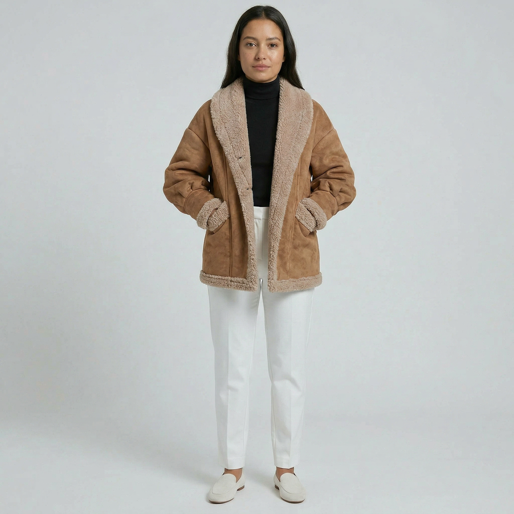 Women’s Fleece-Lined Faux Suede Jacket - Oversized Shearling Trim Fit