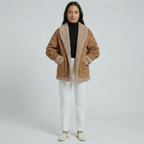 Women’s Fleece-Lined Faux Suede Jacket - Oversized Shearling Trim Fit