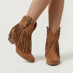Women’s Fringe Ankle Boots - Studded Block Heel Western Fit