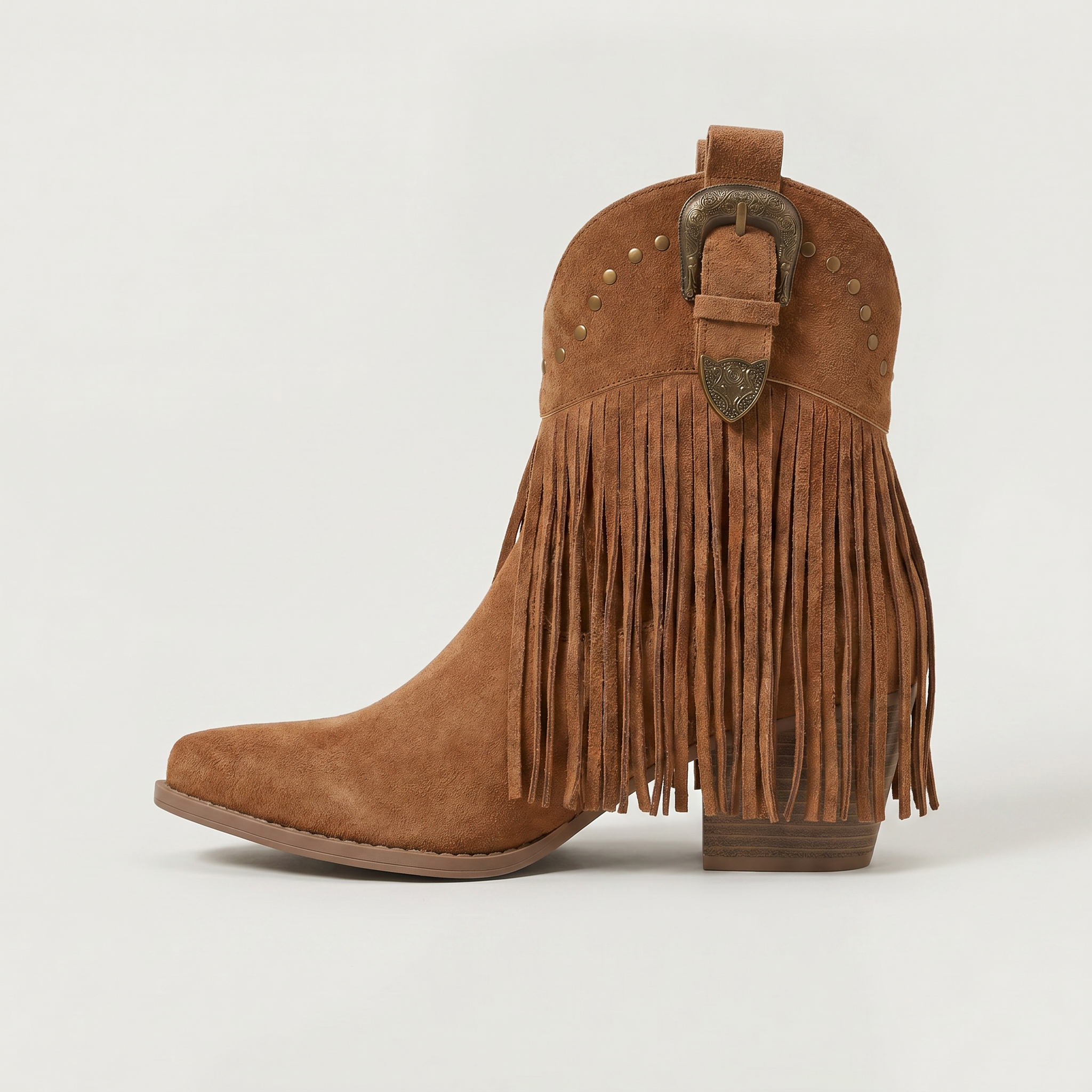 Women’s Fringe Ankle Boots - Studded Block Heel Western Fit