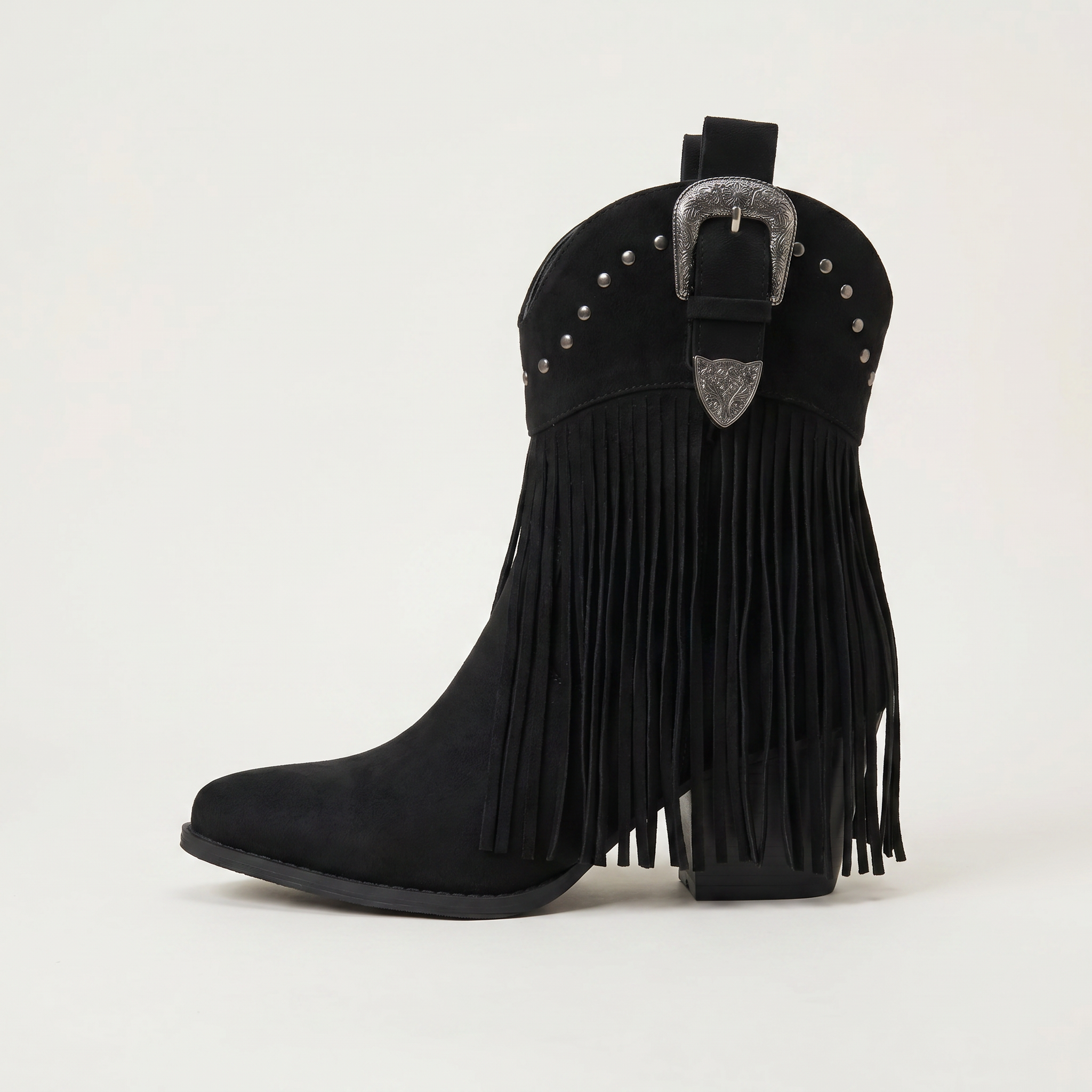 Women’s Fringe Ankle Boots - Studded Block Heel Western Fit