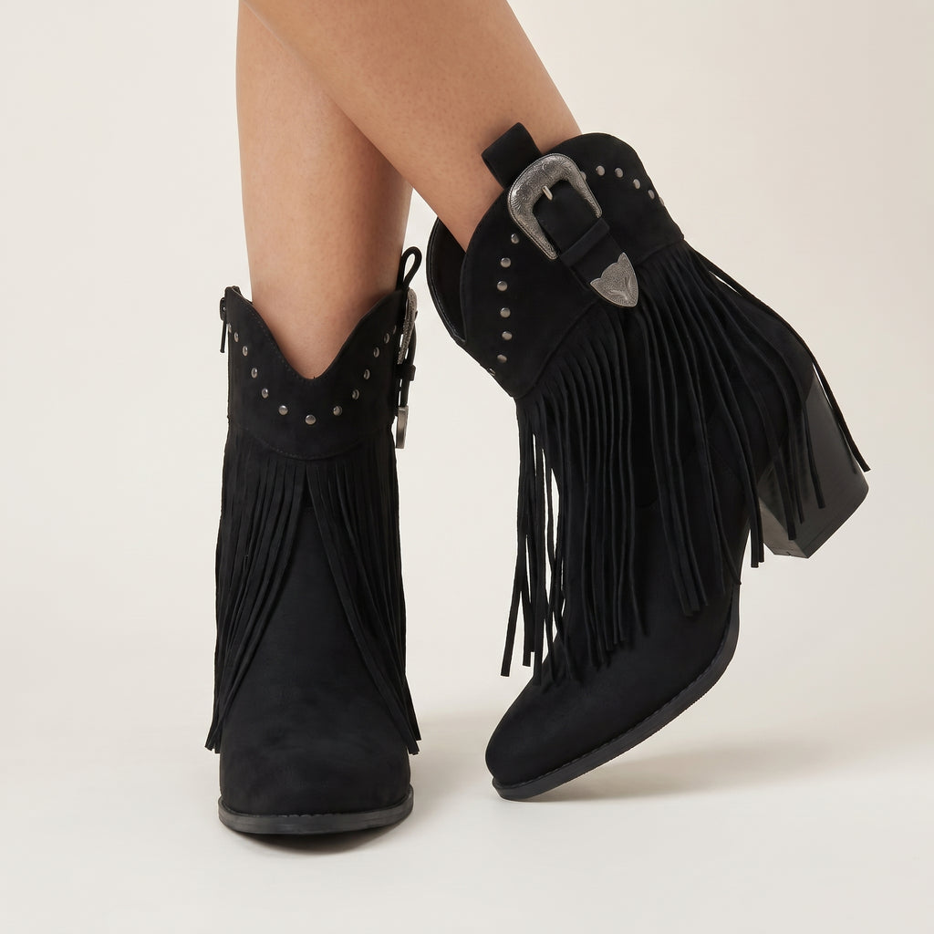 Women’s Fringe Ankle Boots - Studded Block Heel Western Fit