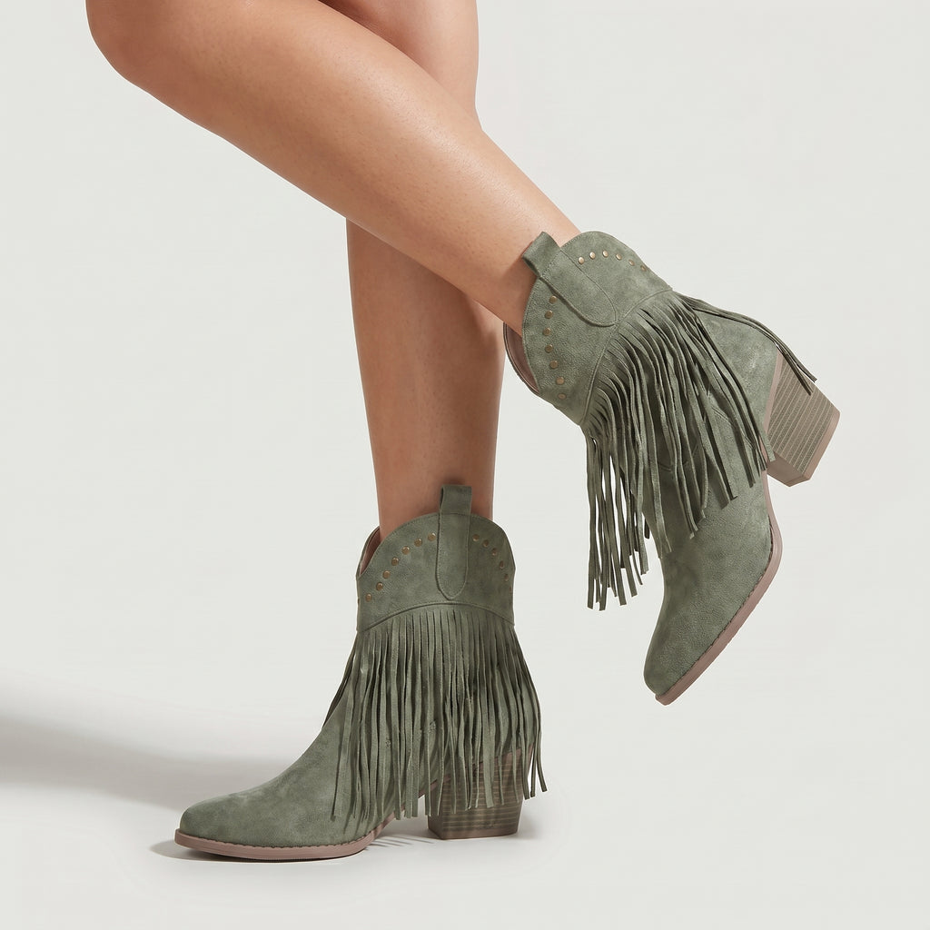 Women’s Fringe Ankle Boots - Studded Block Heel Western Fit