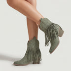 Women’s Fringe Ankle Boots - Studded Block Heel Western Fit