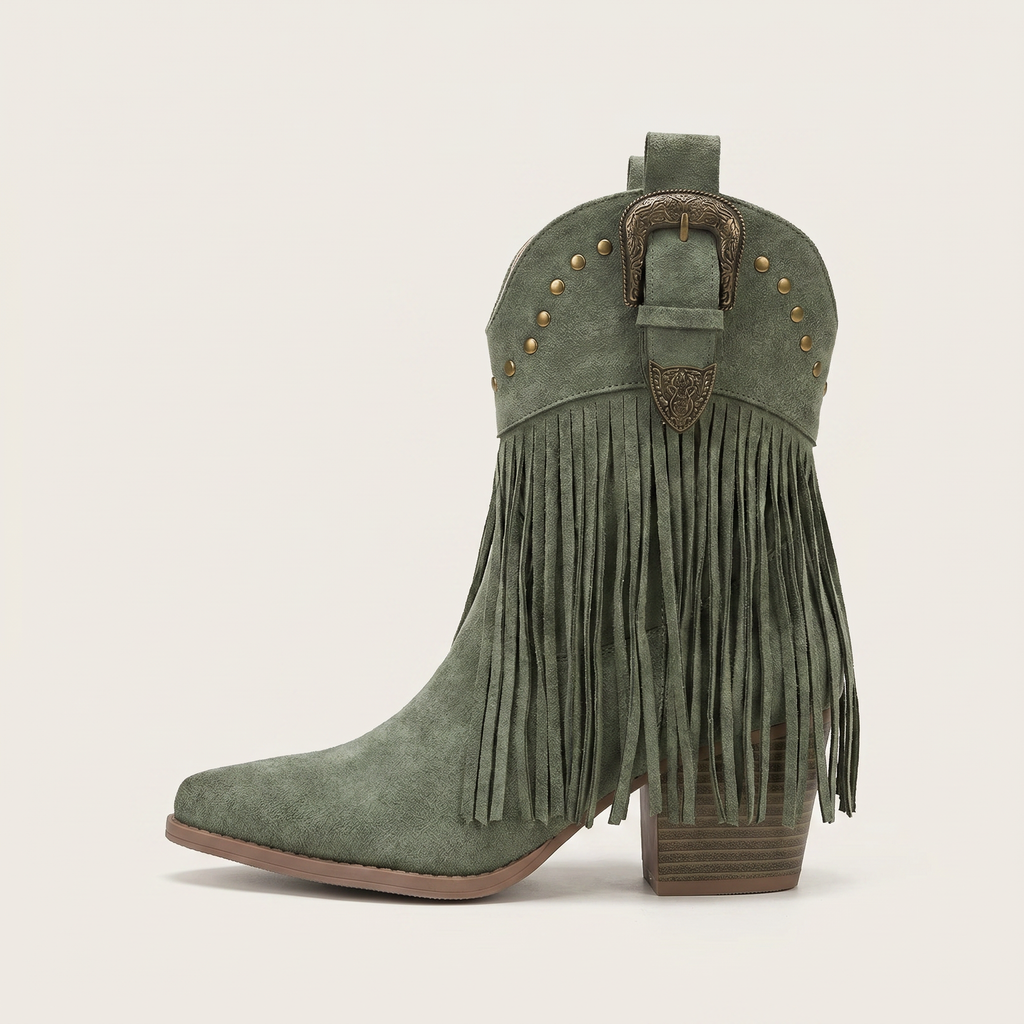 Women’s Fringe Ankle Boots - Studded Block Heel Western Fit