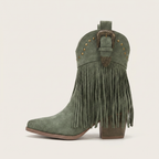 Women’s Fringe Ankle Boots - Studded Block Heel Western Fit