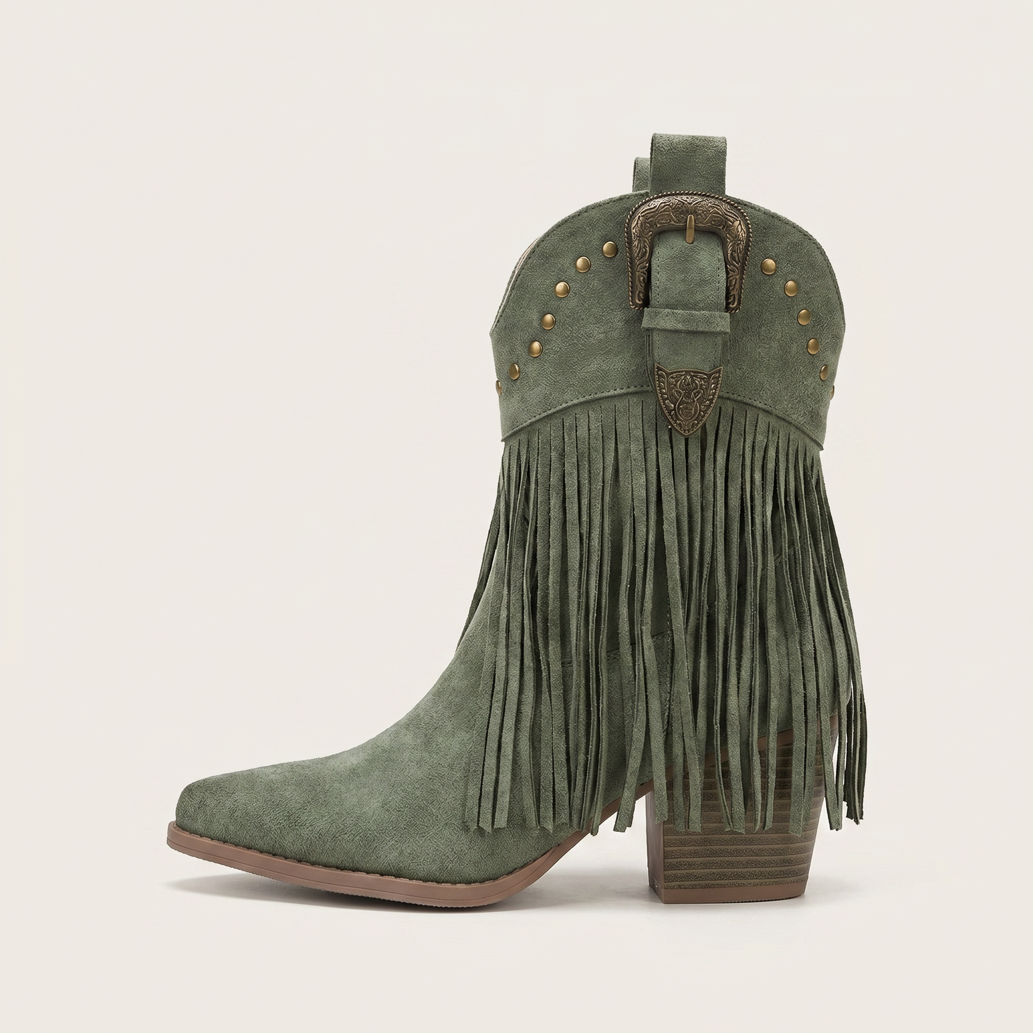 Women’s Fringe Ankle Boots - Studded Block Heel Western Fit