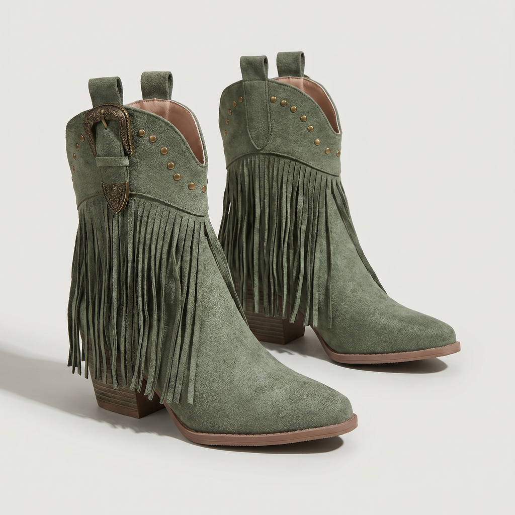 Women’s Fringe Ankle Boots - Studded Block Heel Western Fit