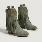 Women’s Fringe Ankle Boots - Studded Block Heel Western Fit