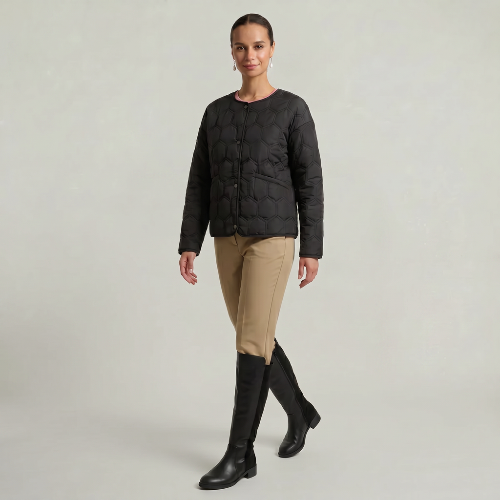 Women’s Geometric Quilted Puffer Jacket - Button-Down Long Sleeve Coat