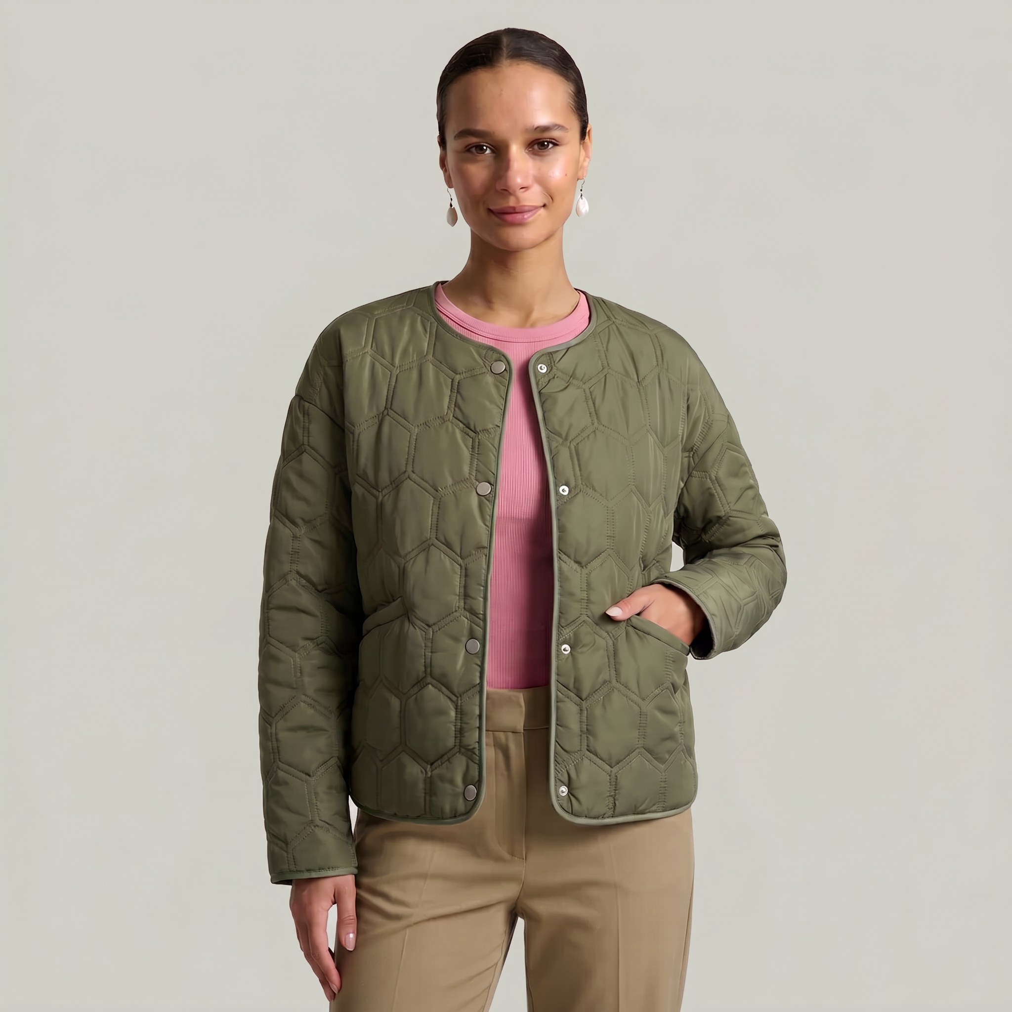 Women’s Geometric Quilted Puffer Jacket - Button-Down Long Sleeve Coat