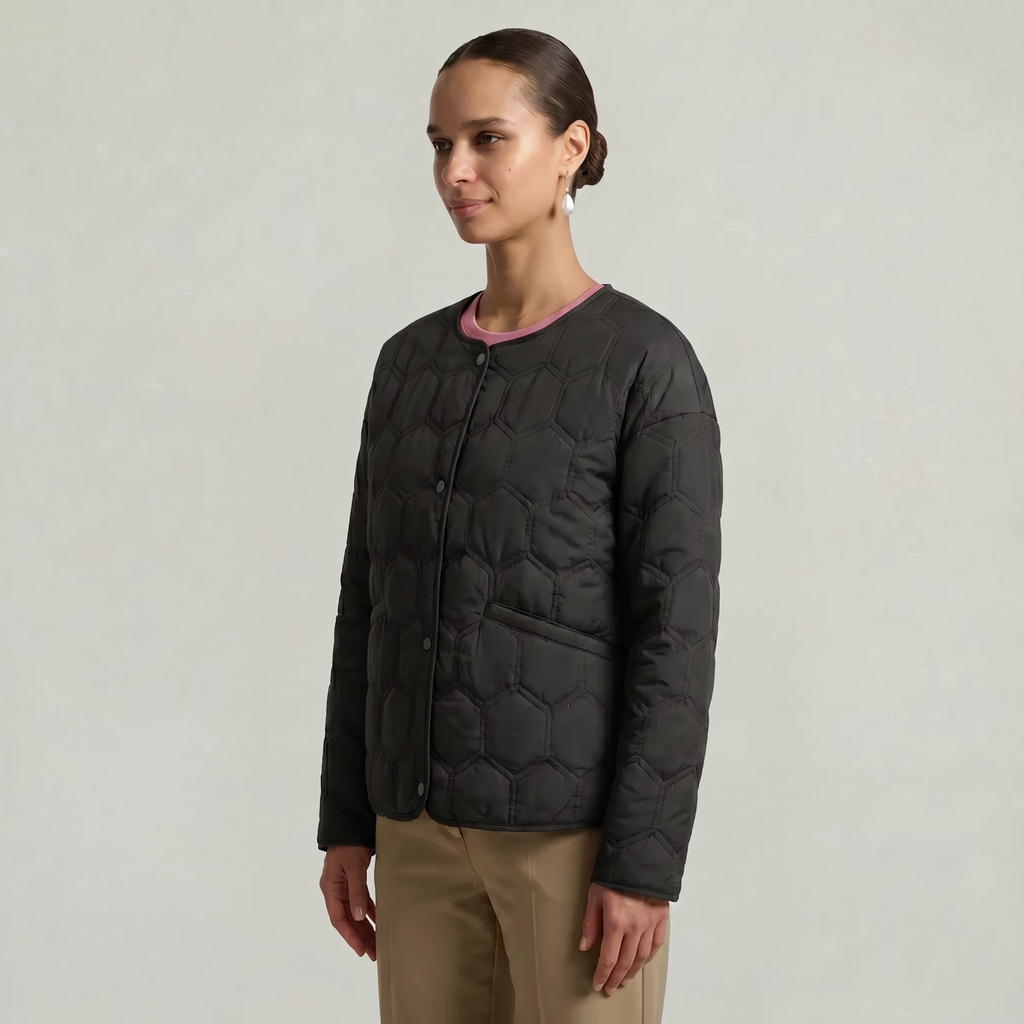 Women’s Geometric Quilted Puffer Jacket - Button-Down Long Sleeve Coat