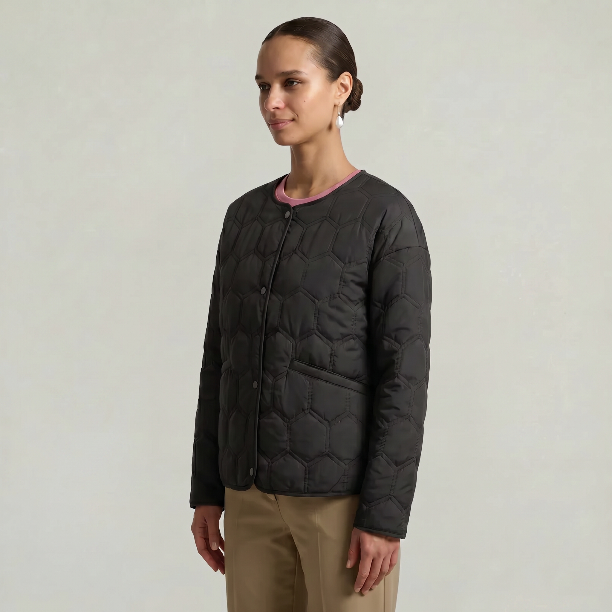 Women’s Geometric Quilted Puffer Jacket - Button-Down Long Sleeve Coat