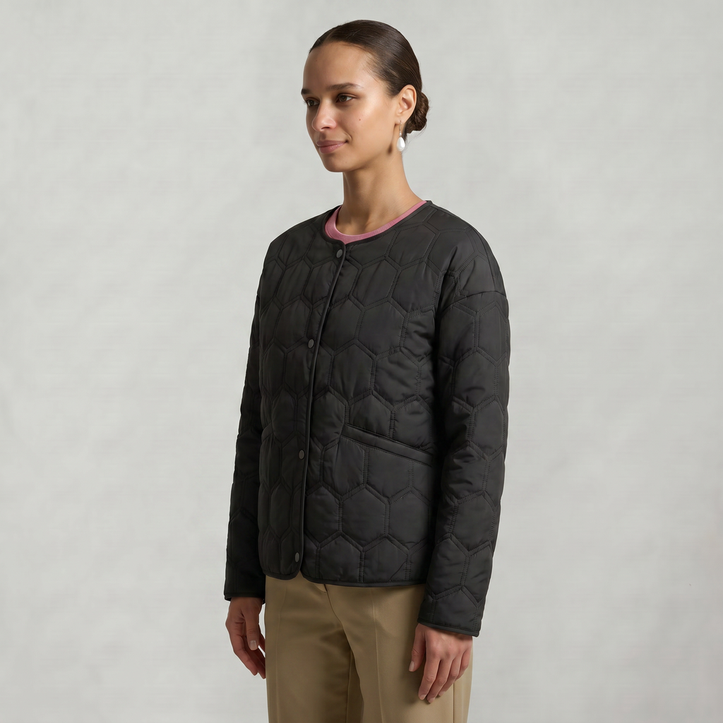 Women’s Geometric Quilted Puffer Jacket - Button-Down Long Sleeve Coat