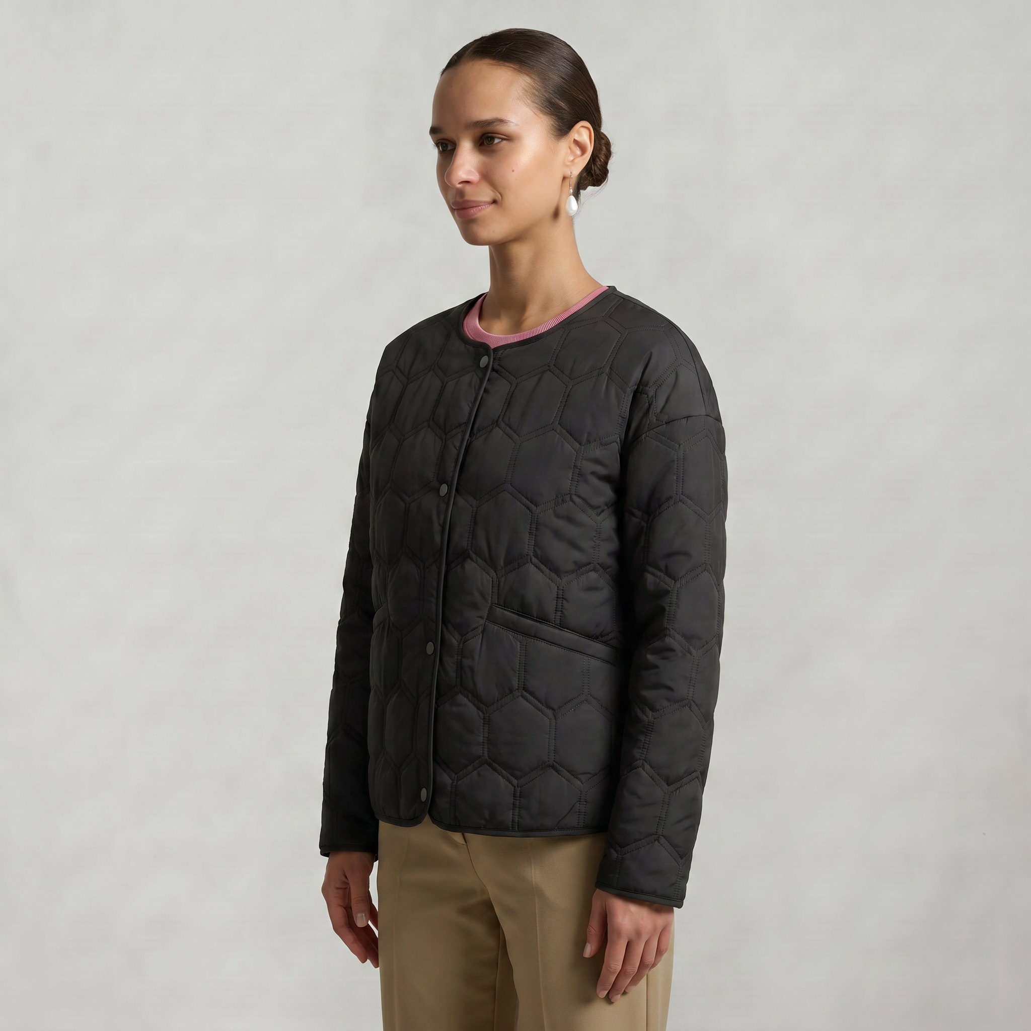 Women’s Geometric Quilted Puffer Jacket - Button-Down Long Sleeve Coat
