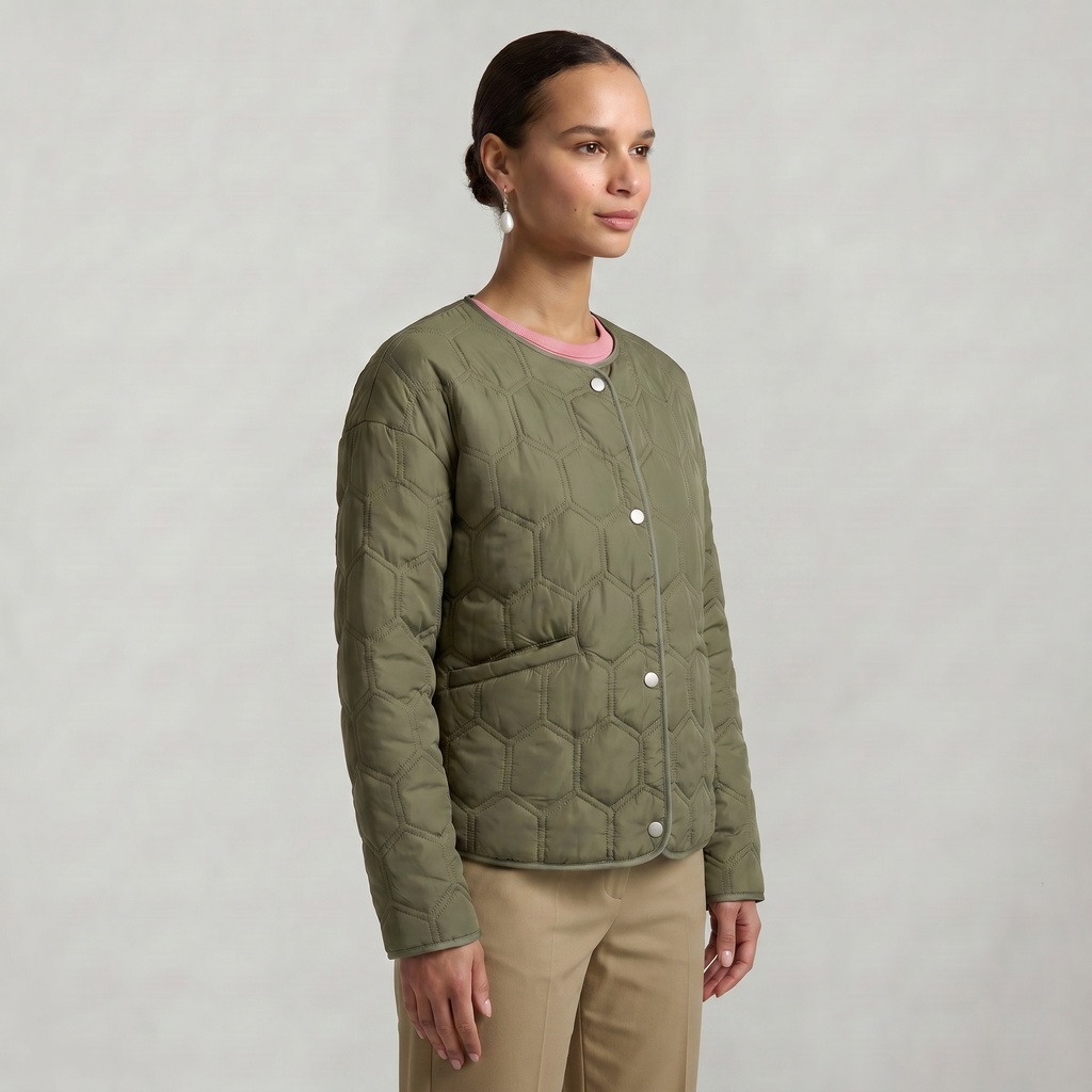 Women’s Geometric Quilted Puffer Jacket - Button-Down Long Sleeve Coat
