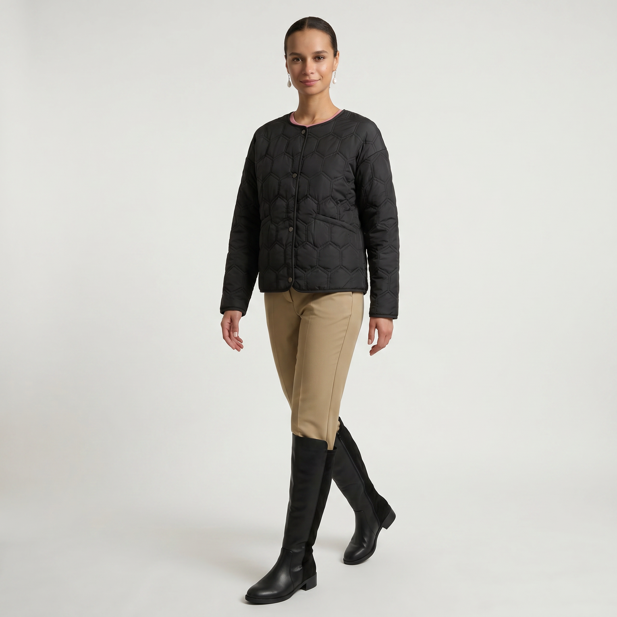 Women’s Geometric Quilted Puffer Jacket - Button-Down Long Sleeve Coat