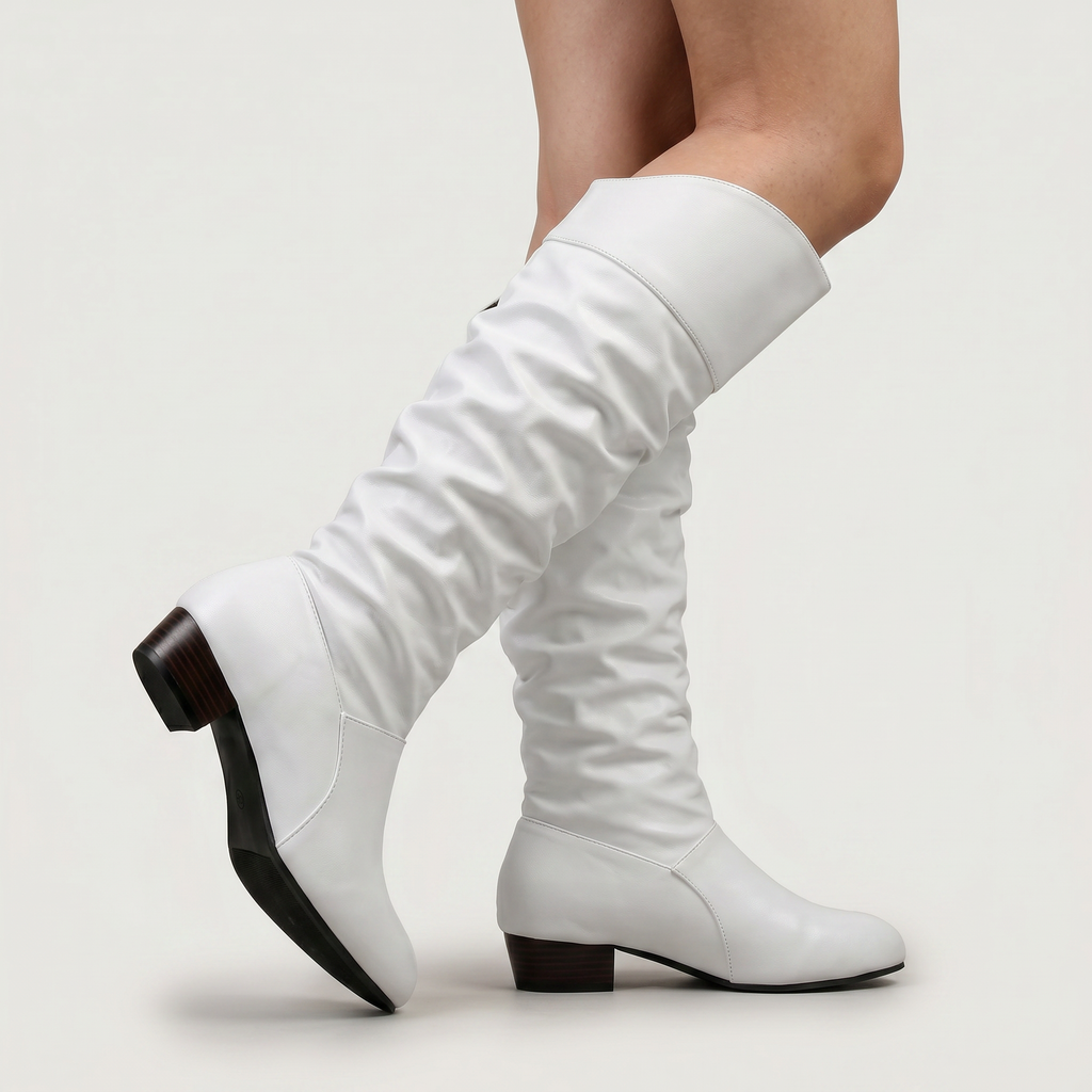 Women’s Knee High Boots - Pleated Long Shaft Block Heel Fit