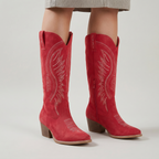 Women’s Western Knee High Boots - Embroidered Block Heel Fit