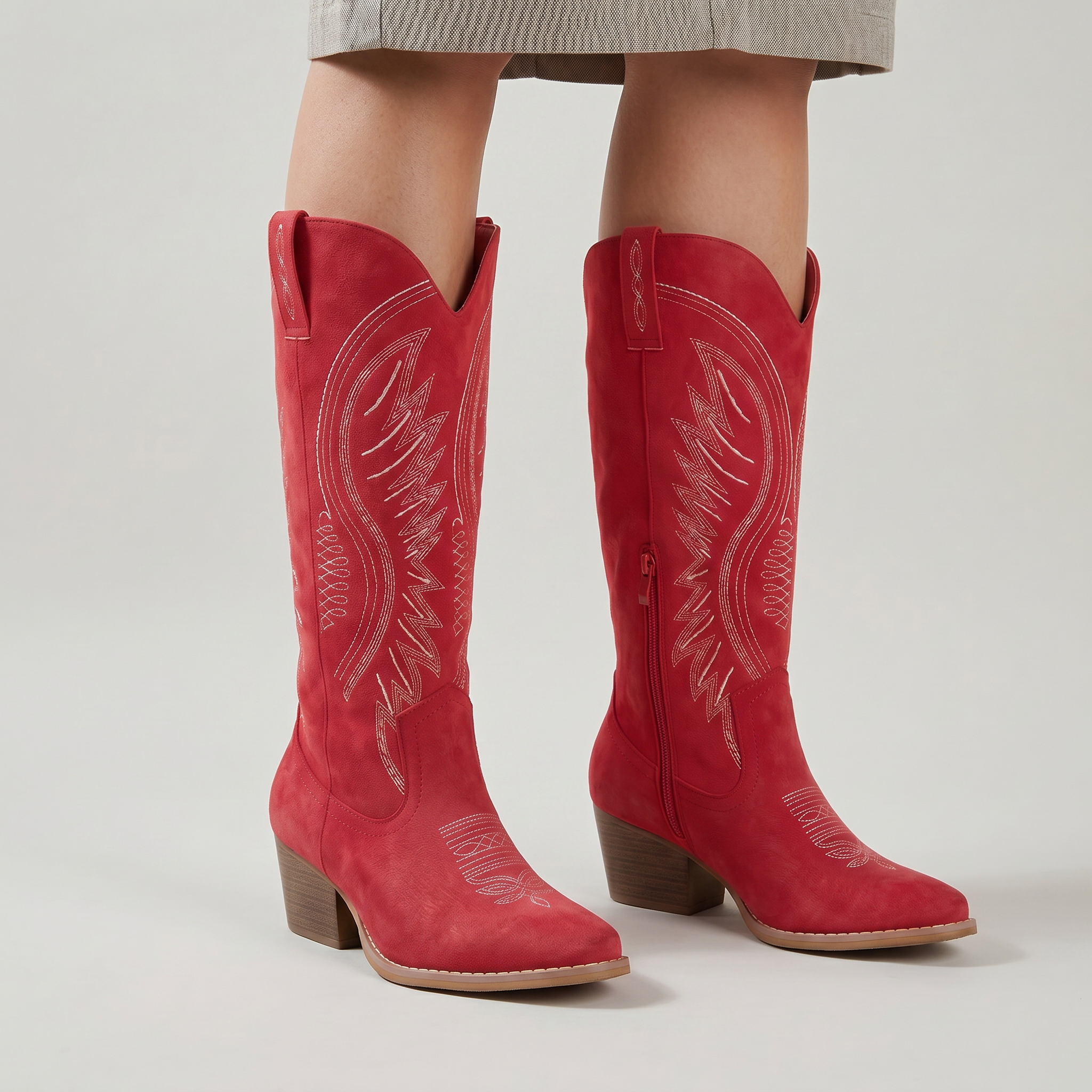 Women’s Western Knee High Boots - Embroidered Block Heel Fit