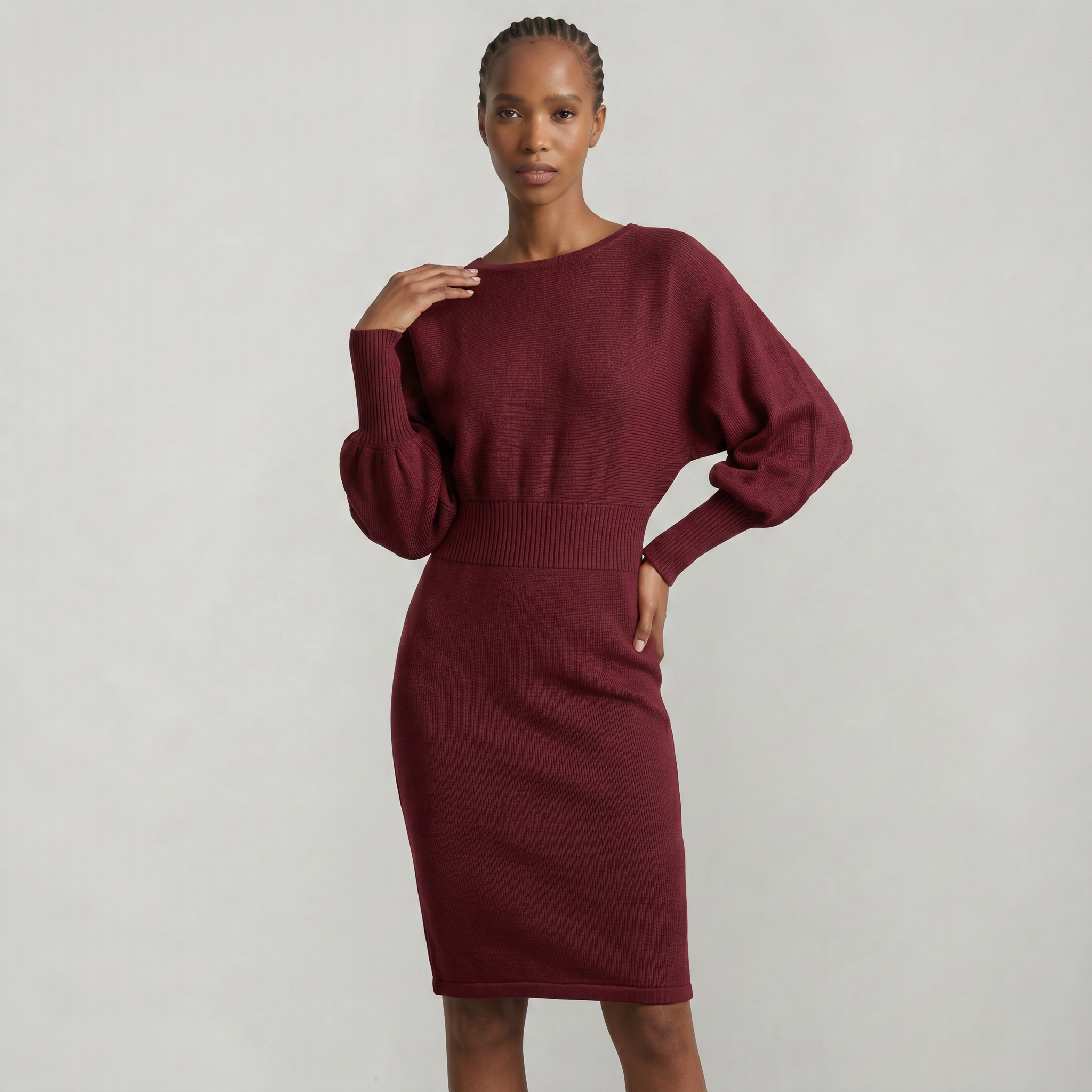Women’s Knit Sweater Dress - Lantern Sleeve Waist Cinched Fit