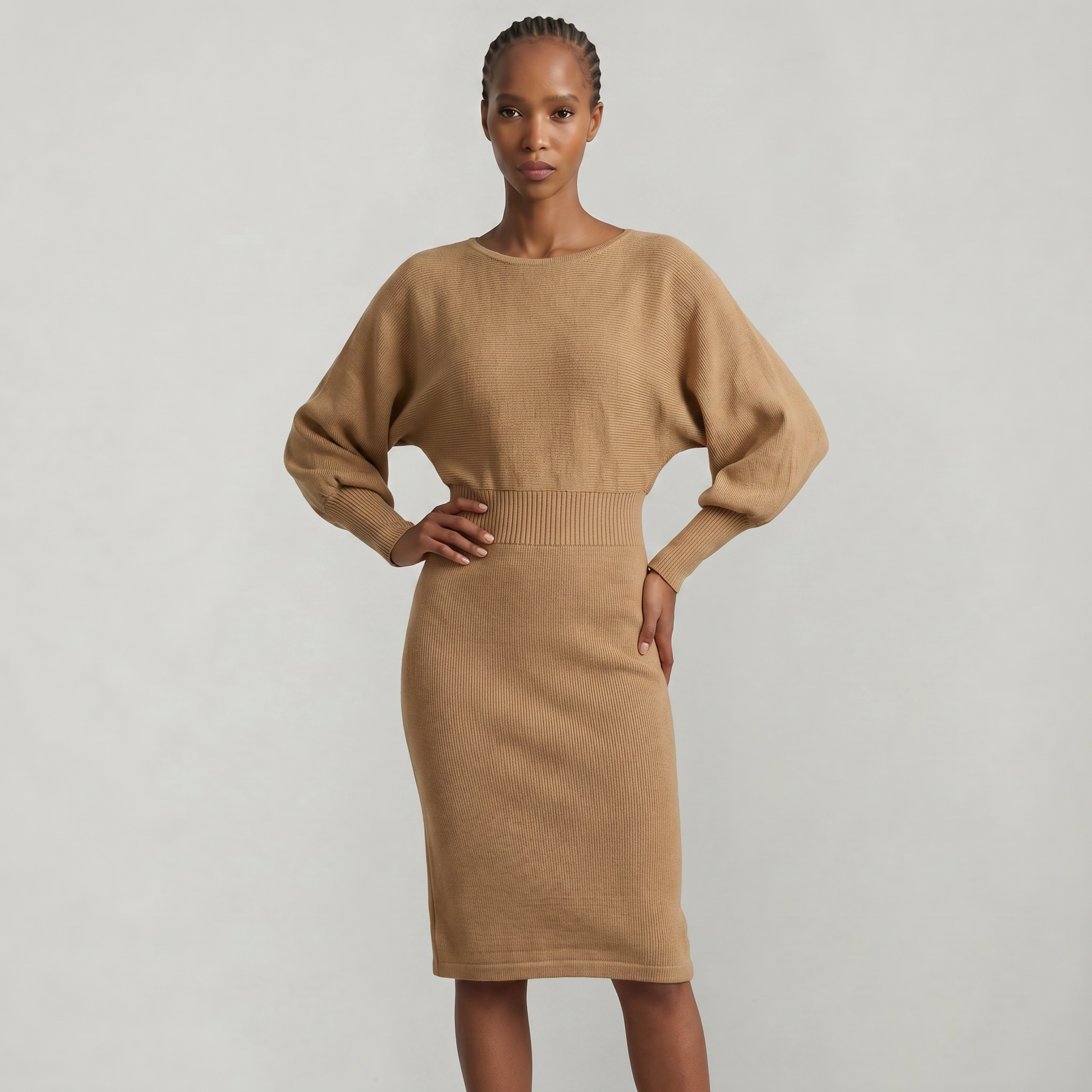 Women’s Knit Sweater Dress - Lantern Sleeve Waist Cinched Fit