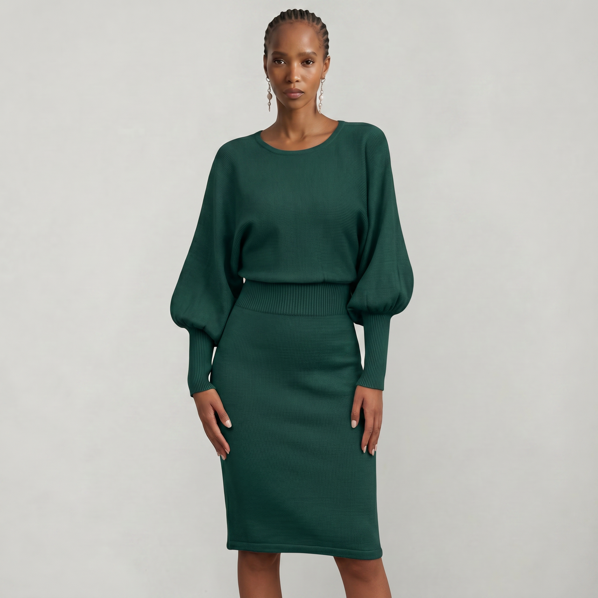 Women’s Knit Sweater Dress - Lantern Sleeve Waist Cinched Fit