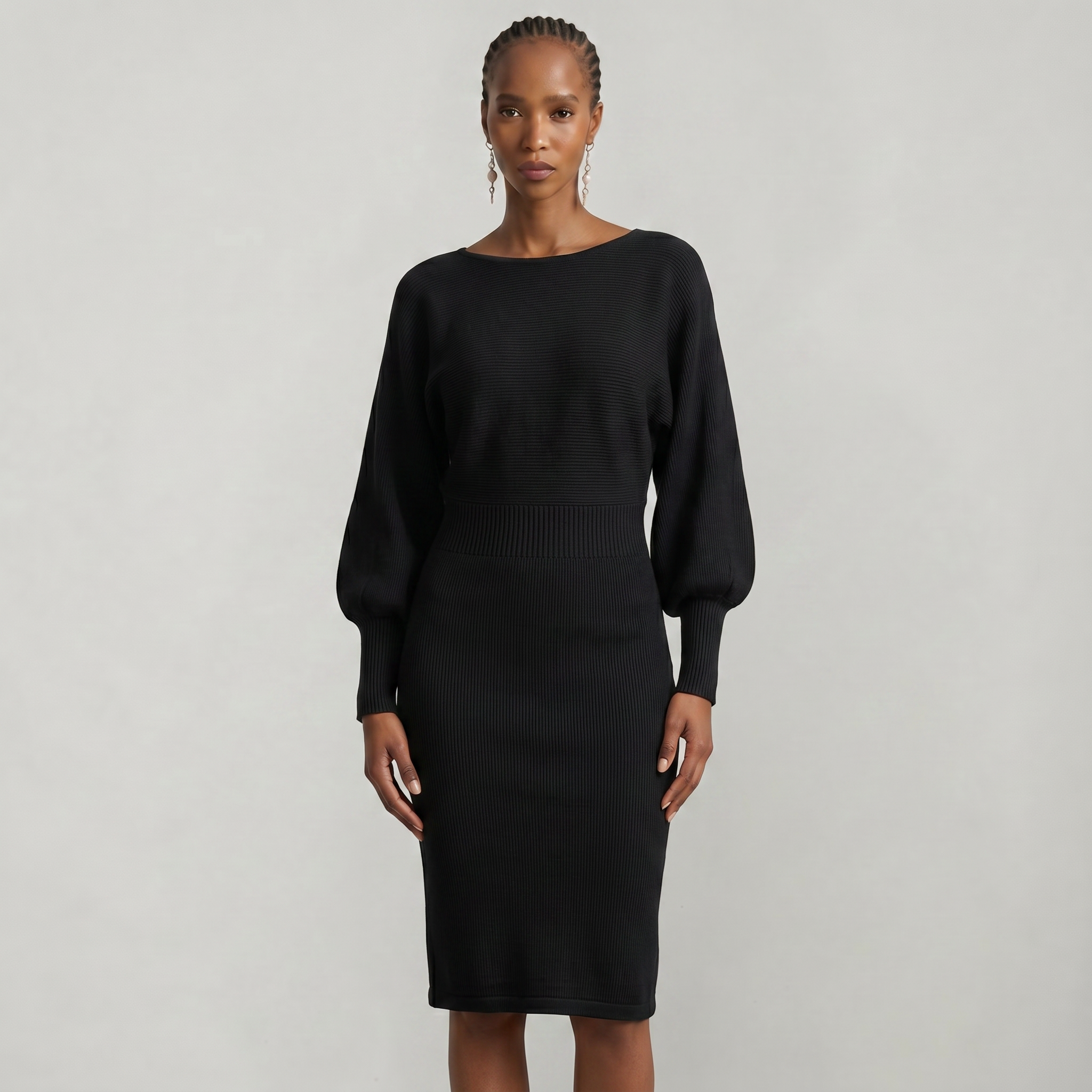 Women’s Knit Sweater Dress - Lantern Sleeve Waist Cinched Fit
