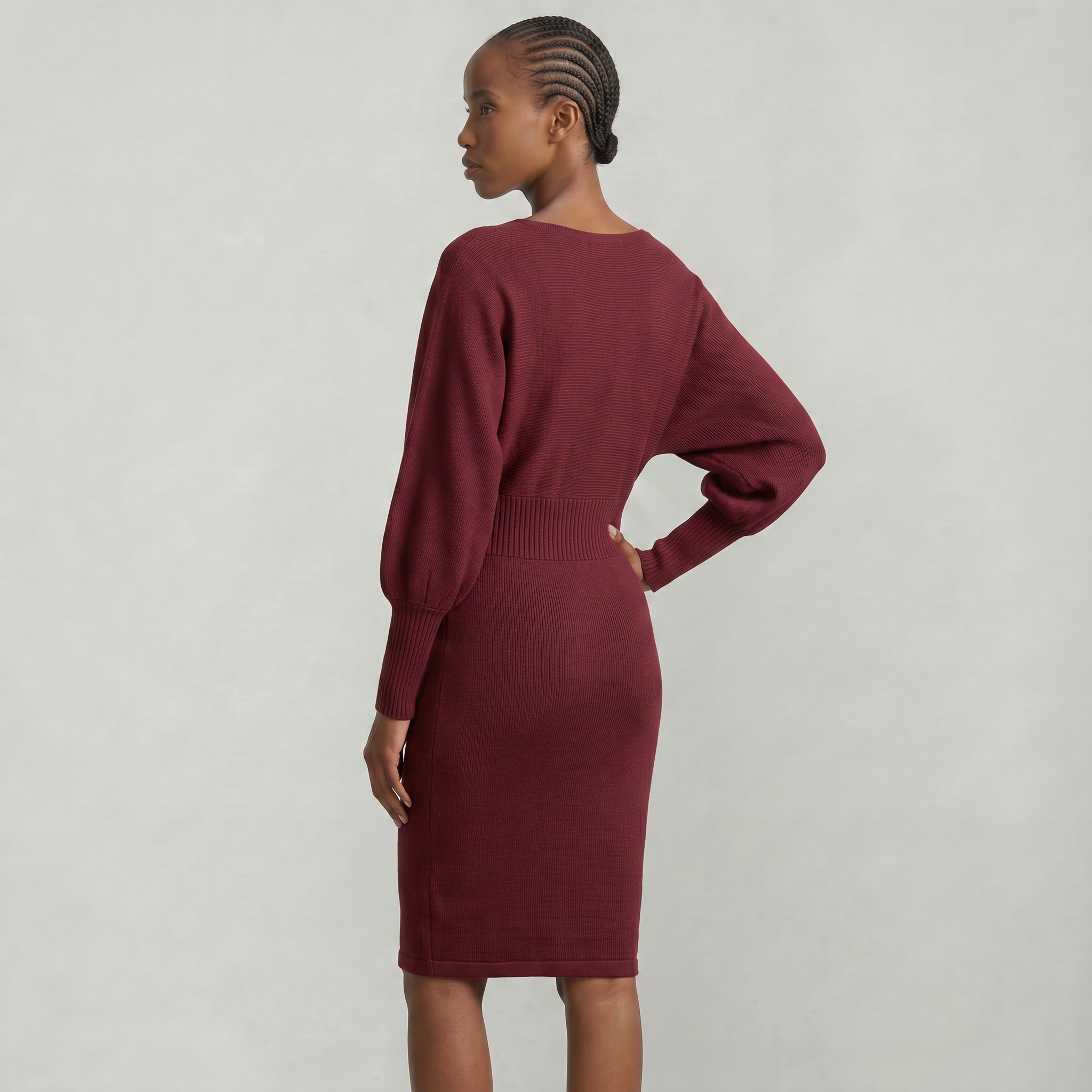 Women’s Knit Sweater Dress - Lantern Sleeve Waist Cinched Fit
