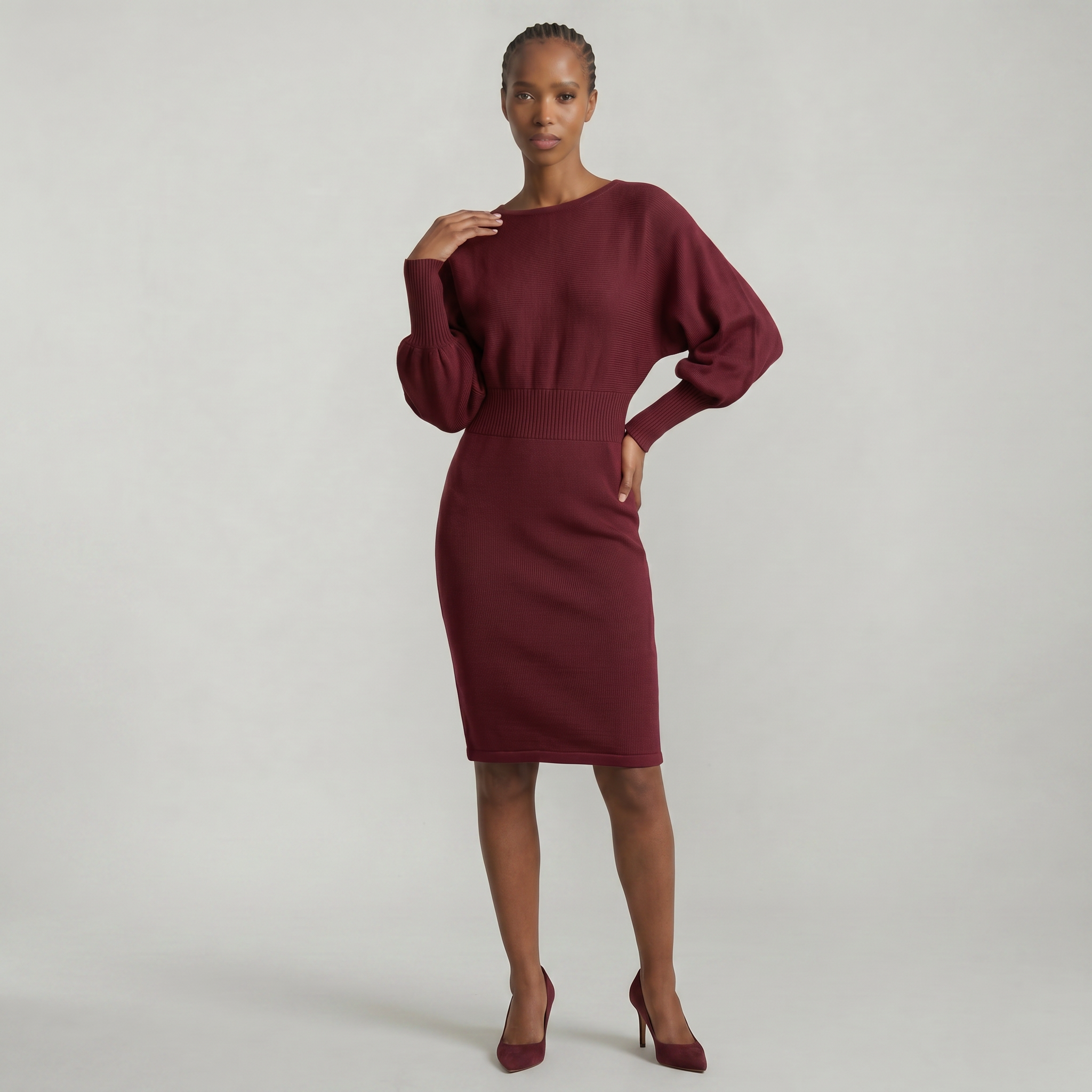 Women’s Knit Sweater Dress - Lantern Sleeve Waist Cinched Fit