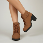 Women's Lace-Up Ankle Boots - Buckle Strap Block Heel Combat Booties Smart Casual