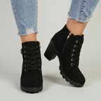 Women's Lace-Up Ankle Boots - Buckle Strap Block Heel Combat Booties Smart Casual