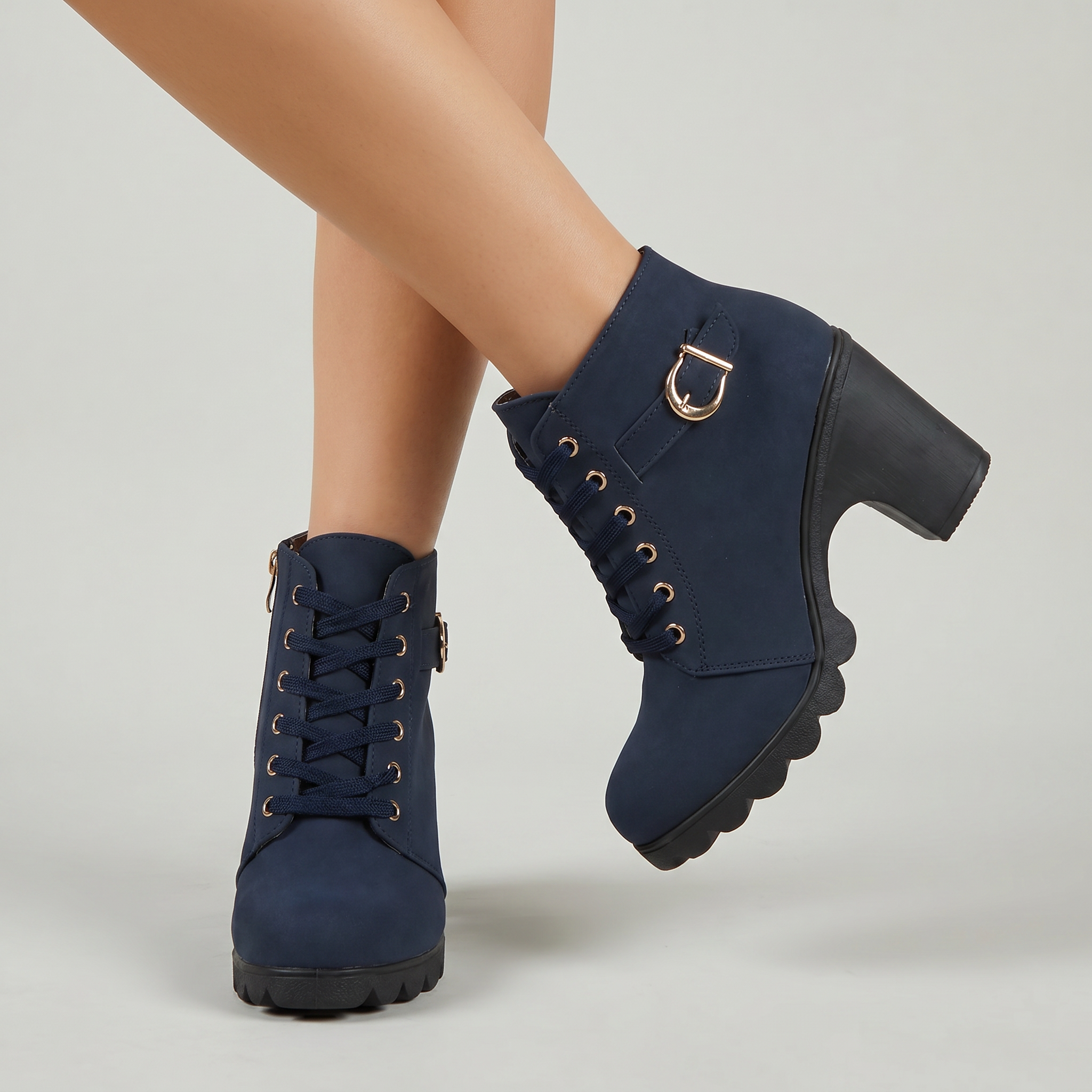 Women's Lace-Up Ankle Boots - Buckle Strap Block Heel Combat Booties Smart Casual