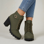 Women's Lace-Up Ankle Boots - Buckle Strap Block Heel Combat Booties Smart Casual
