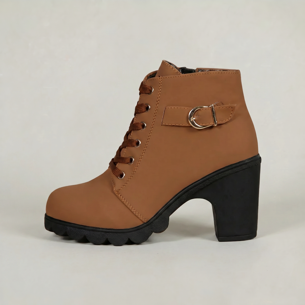 Women's Lace-Up Ankle Boots - Buckle Strap Block Heel Combat Booties Smart Casual