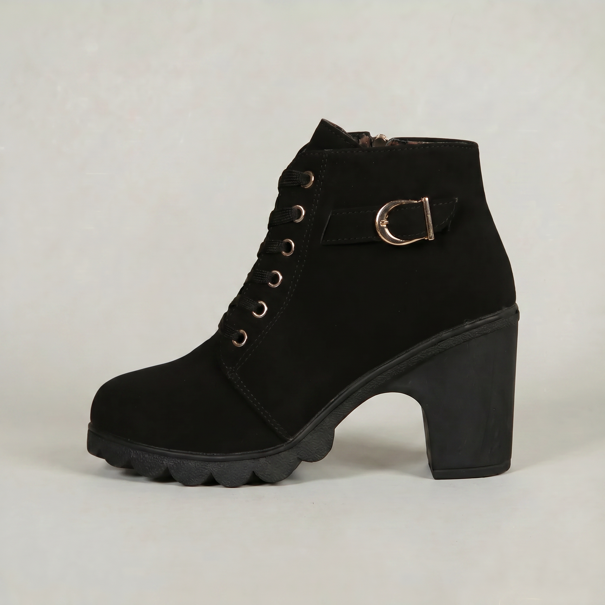 Women's Lace-Up Ankle Boots - Buckle Strap Block Heel Combat Booties Smart Casual