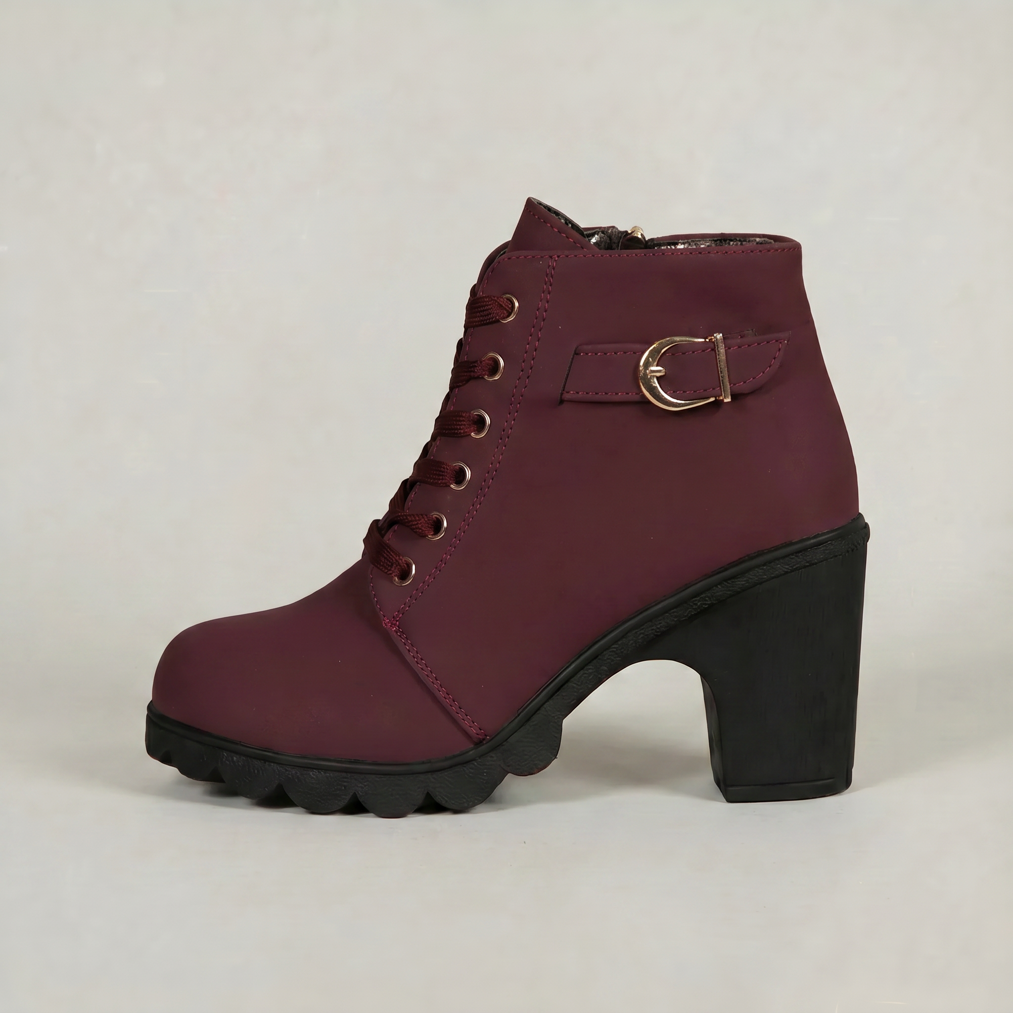 Women's Lace-Up Ankle Boots - Buckle Strap Block Heel Combat Booties Smart Casual