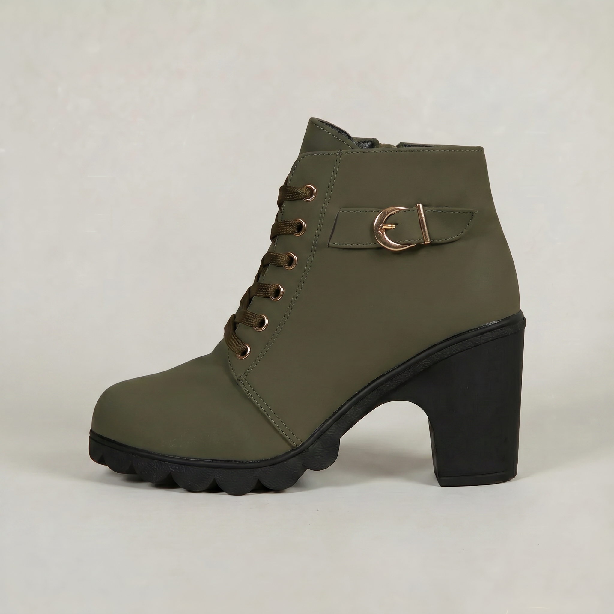 Women's Lace-Up Ankle Boots - Buckle Strap Block Heel Combat Booties Smart Casual