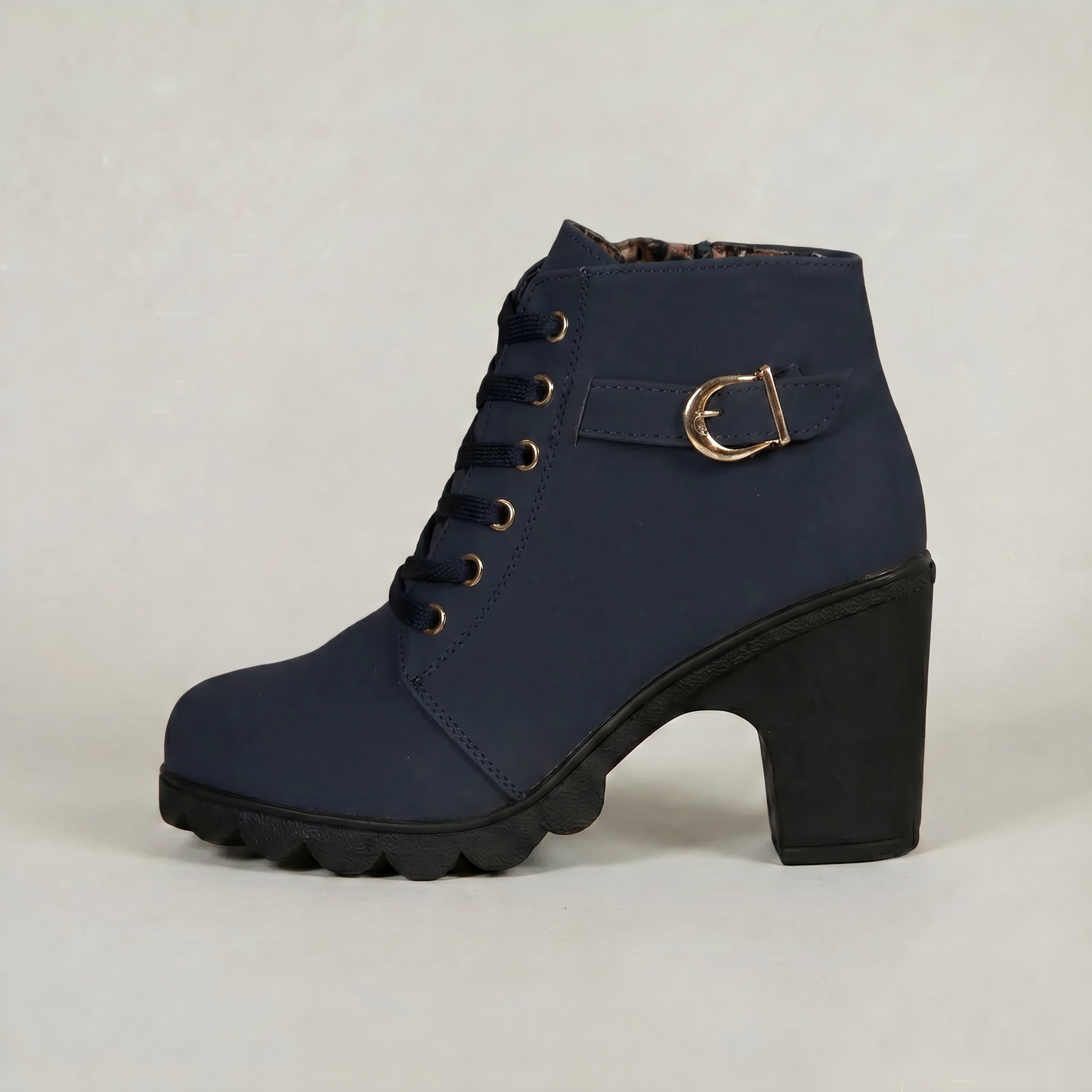Women's Lace-Up Ankle Boots - Buckle Strap Block Heel Combat Booties Smart Casual