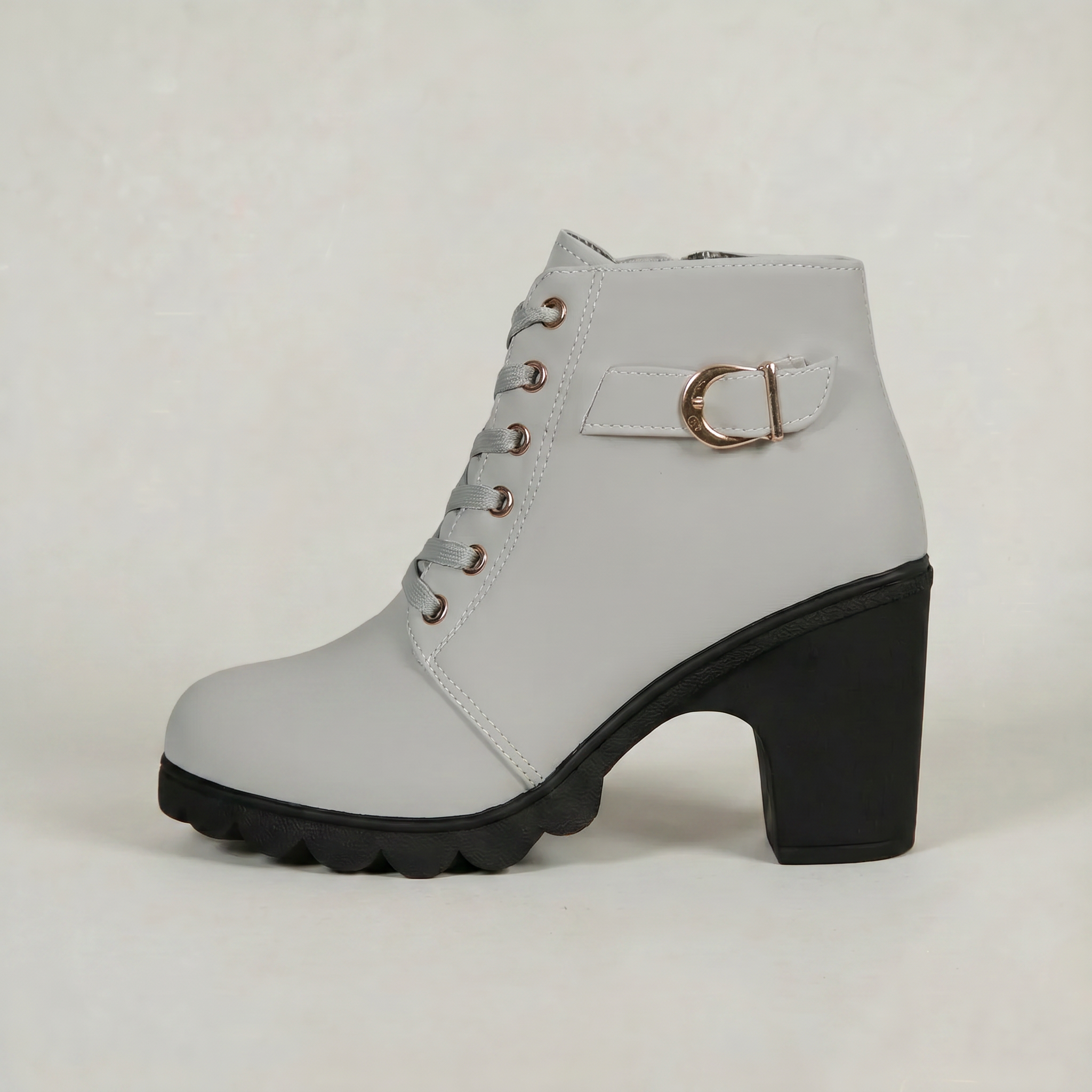 Women's Lace-Up Ankle Boots - Buckle Strap Block Heel Combat Booties Smart Casual