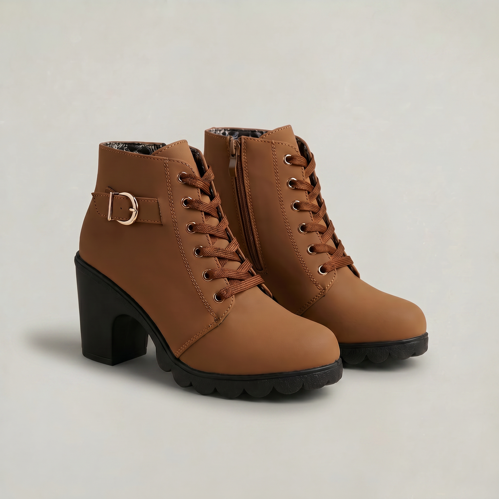 Women's Lace-Up Ankle Boots - Buckle Strap Block Heel Combat Booties Smart Casual