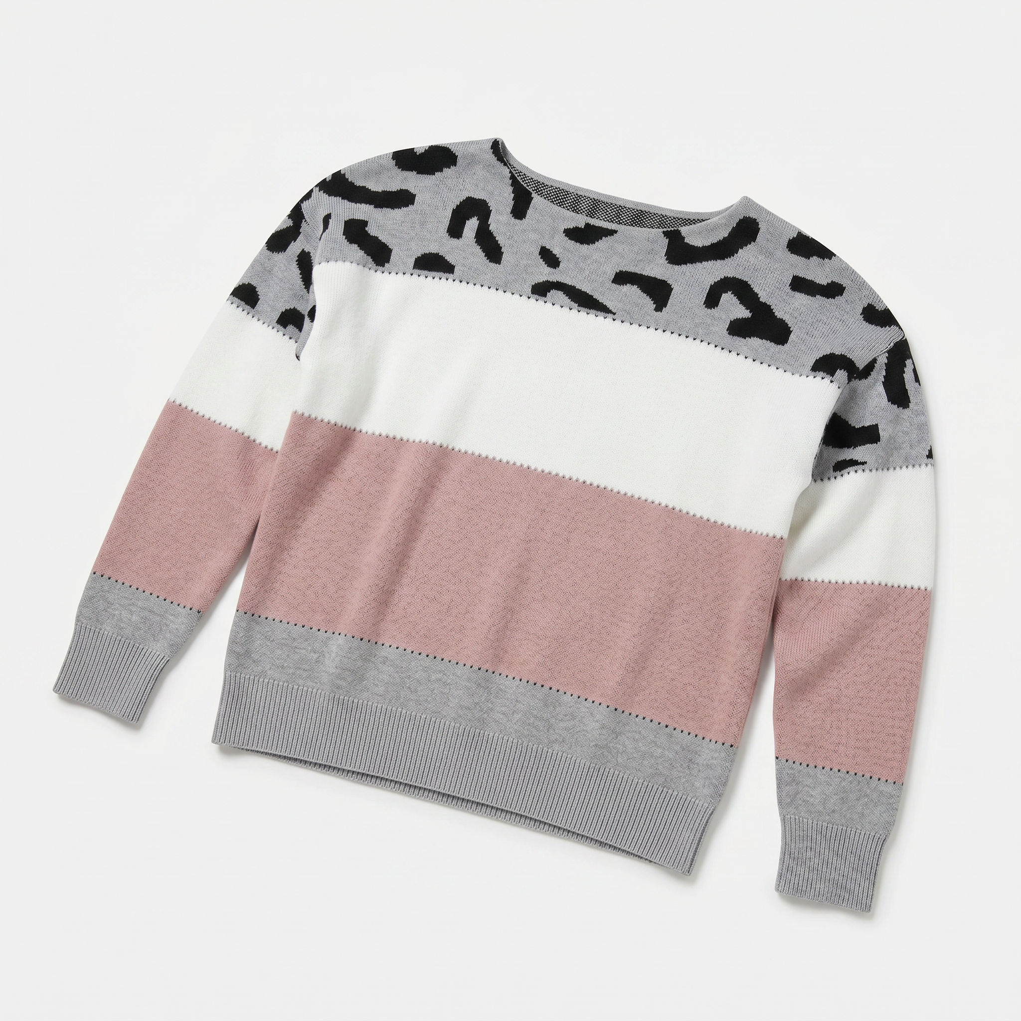 Women's Leopard Print Colour Block Knit Sweater - Crew Neck Pullover Jumper