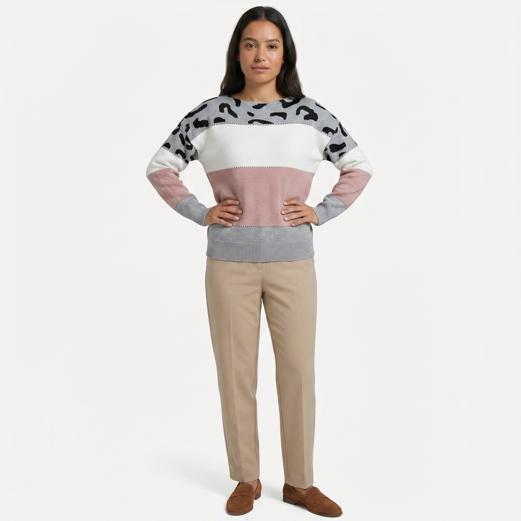 Women's Leopard Print Colour Block Knit Sweater - Crew Neck Pullover Jumper