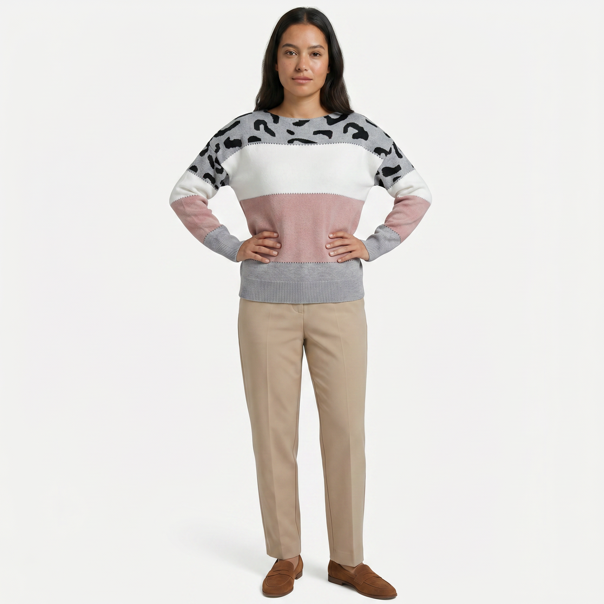 Women's Leopard Print Colour Block Knit Sweater - Crew Neck Pullover Jumper